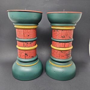 Vintage Christmas Candle Holders Ethan Allen Wooden red green 10 inch tall 2pc